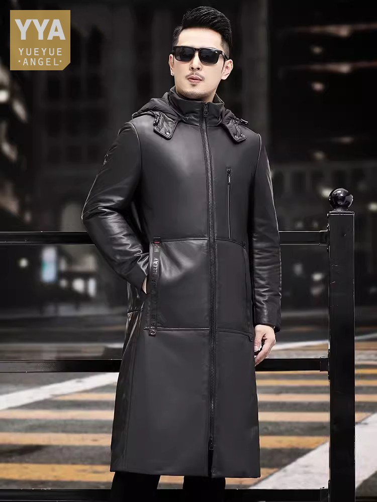 Leather Work Jacket With Hood - Zimowy Gruby Ciepły Długi Płaszcz z