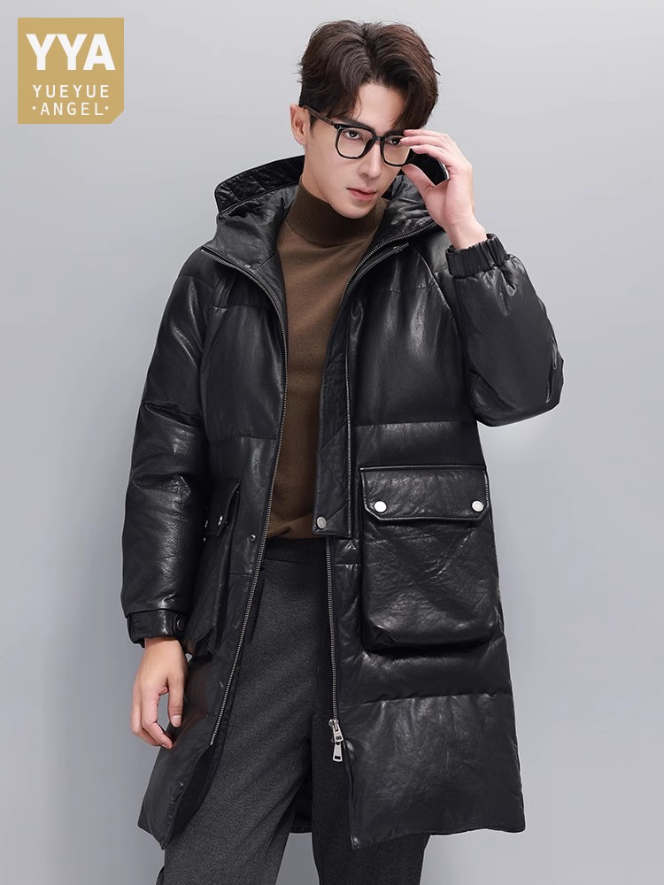 Leather Work Jacket With Hood - Zimowa męska ciepła kurtka z gęsiego