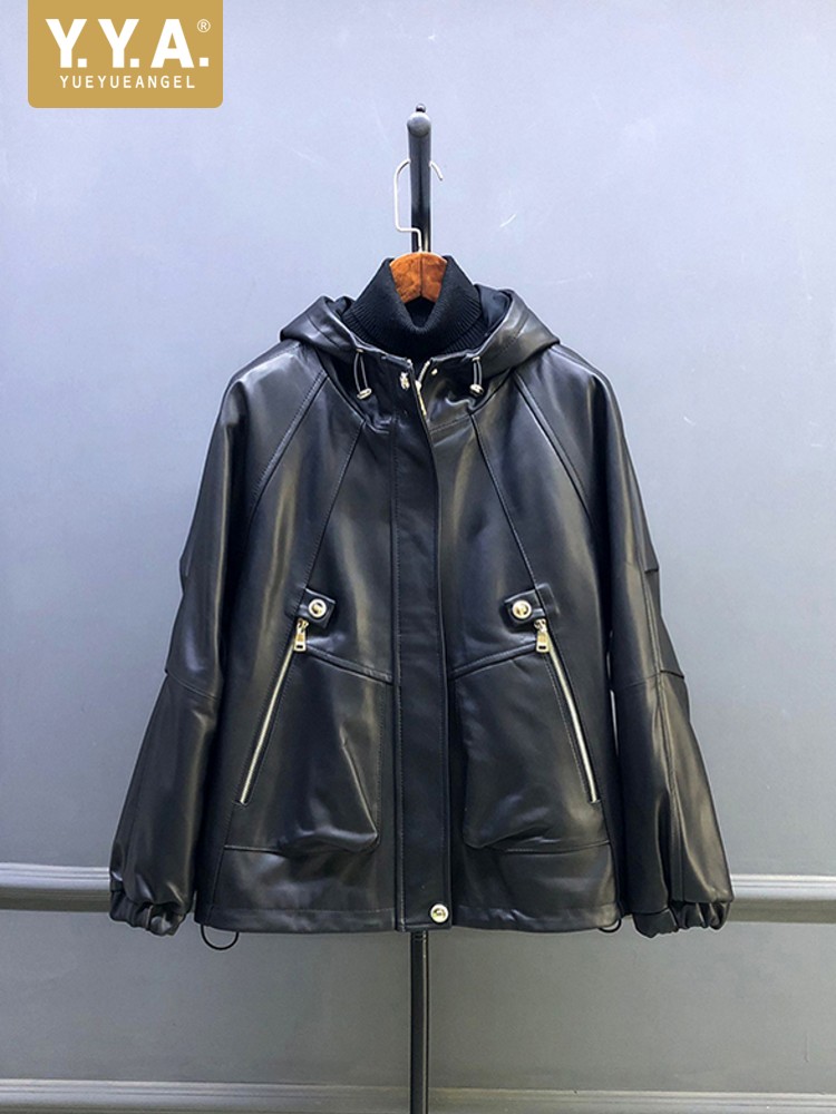 Leather Work Jacket With Hood - Wyprzedaż Jesienna Damska Krótka Kurtka z