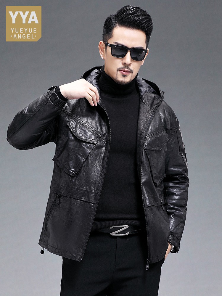 Leather Work Jacket With Hood - Męska zimowa ciepła kurtka puchowa z