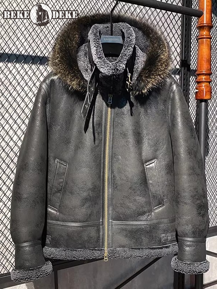 Leather Work Jacket With Hood - Męska zimowa ciepła kurtka z wełnianą