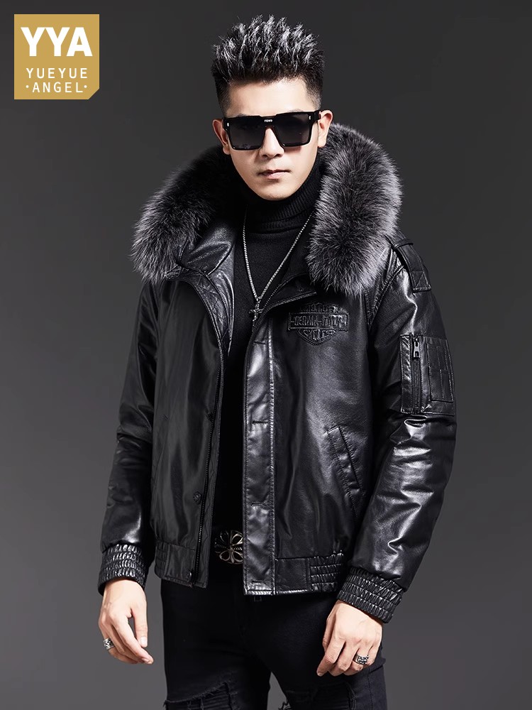 Leather Work Jacket With Hood - Męska kurtka zimowa z kołnierzem z